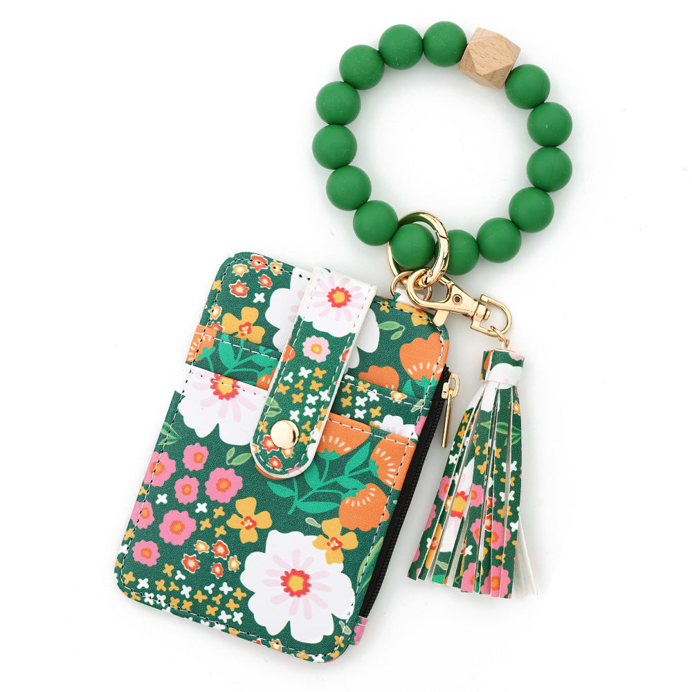 Women's Boho Beaded & Tassel Decorated Keychain with Flower Pattern Wallet