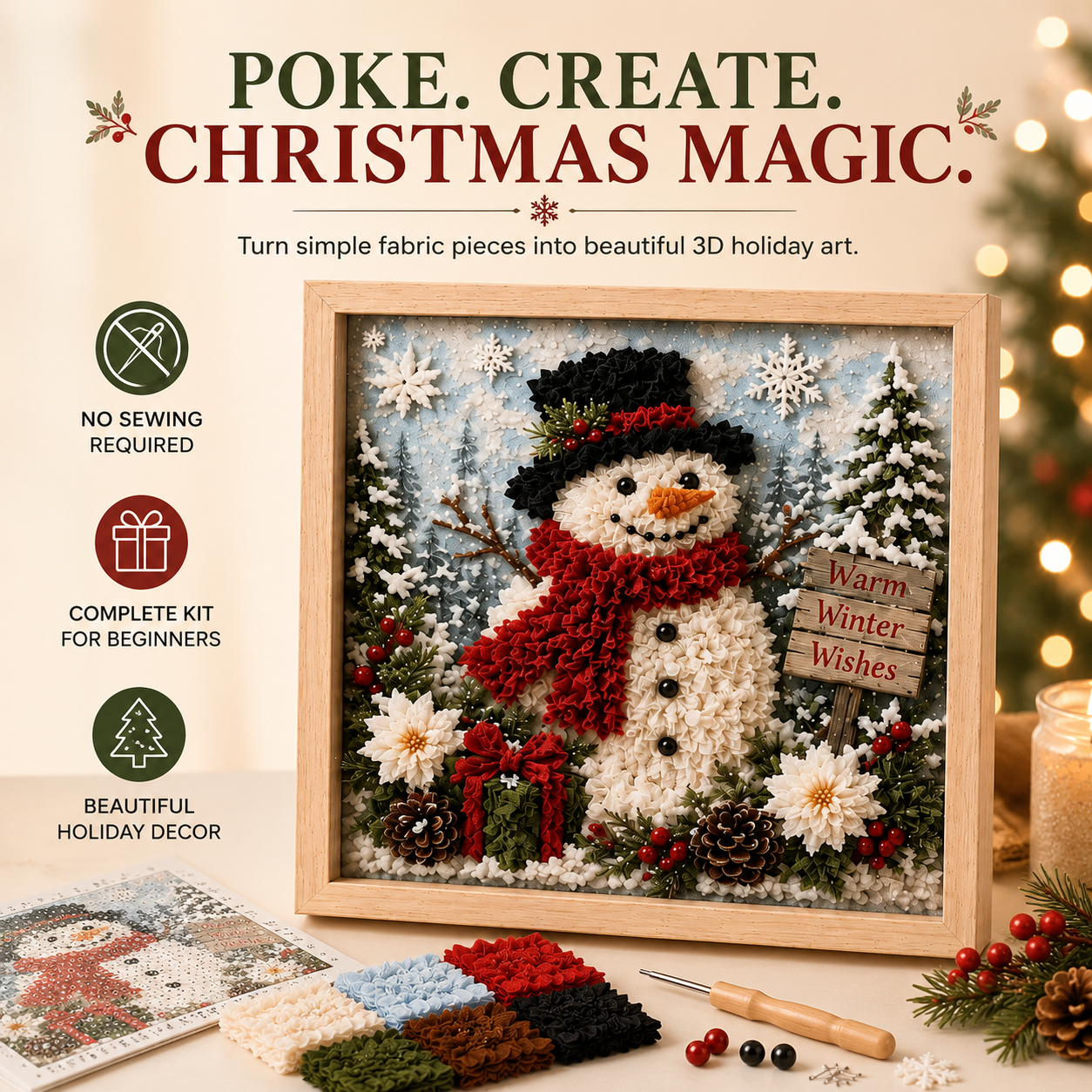 ⛄ DIY Snowman Fabric Poke Art Kit, Handmade 3D Christmas Holiday Decoration Craft Set