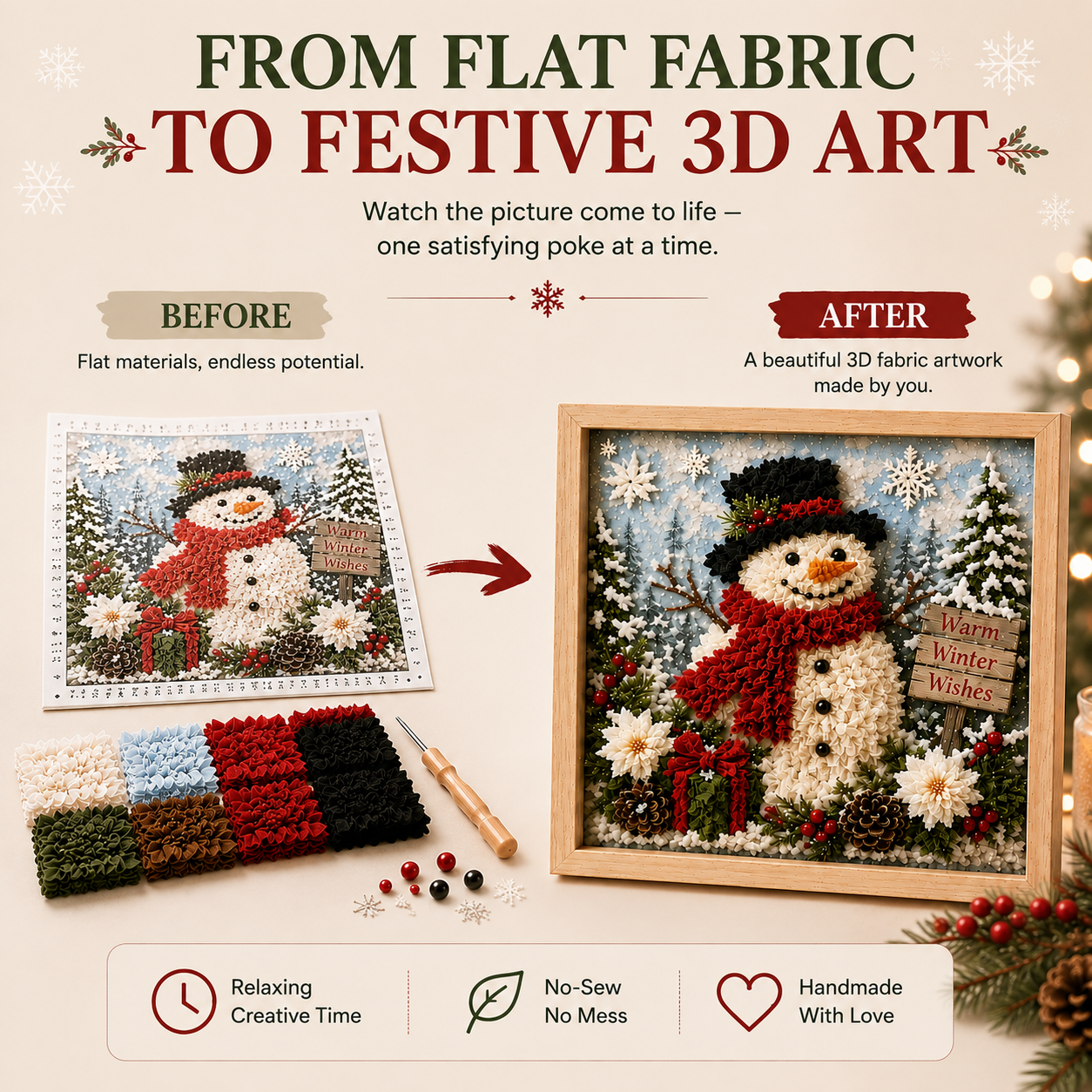 ⛄ DIY Snowman Fabric Poke Art Kit, Handmade 3D Christmas Holiday Decoration Craft Set