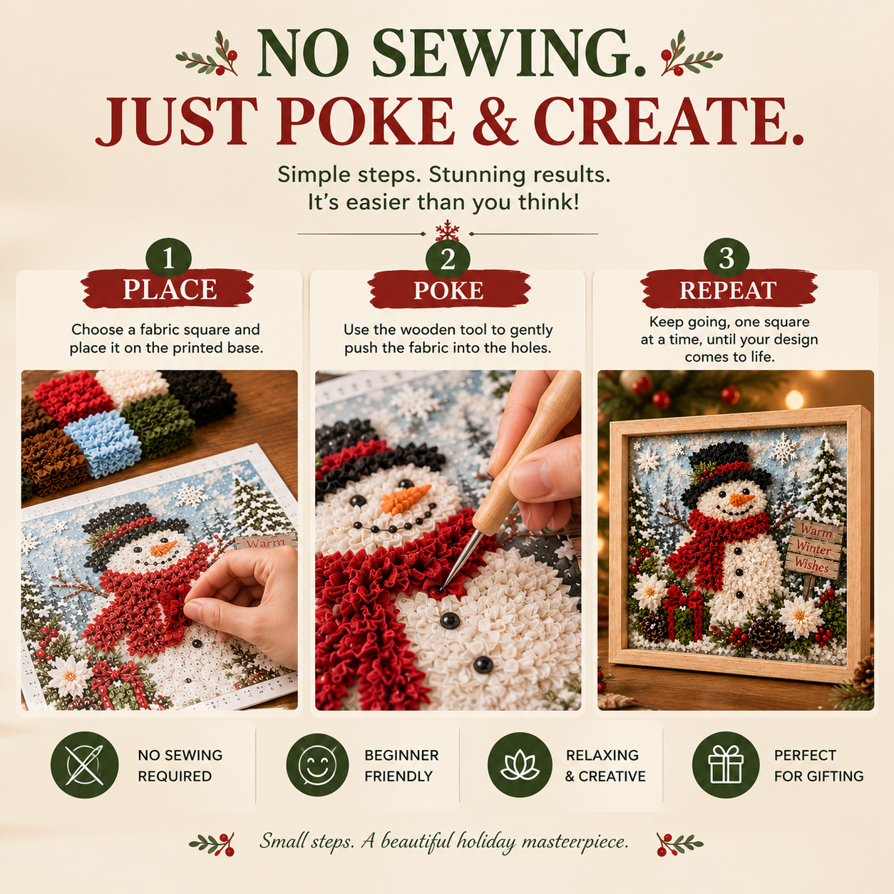 ⛄ DIY Snowman Fabric Poke Art Kit, Handmade 3D Christmas Holiday Decoration Craft Set