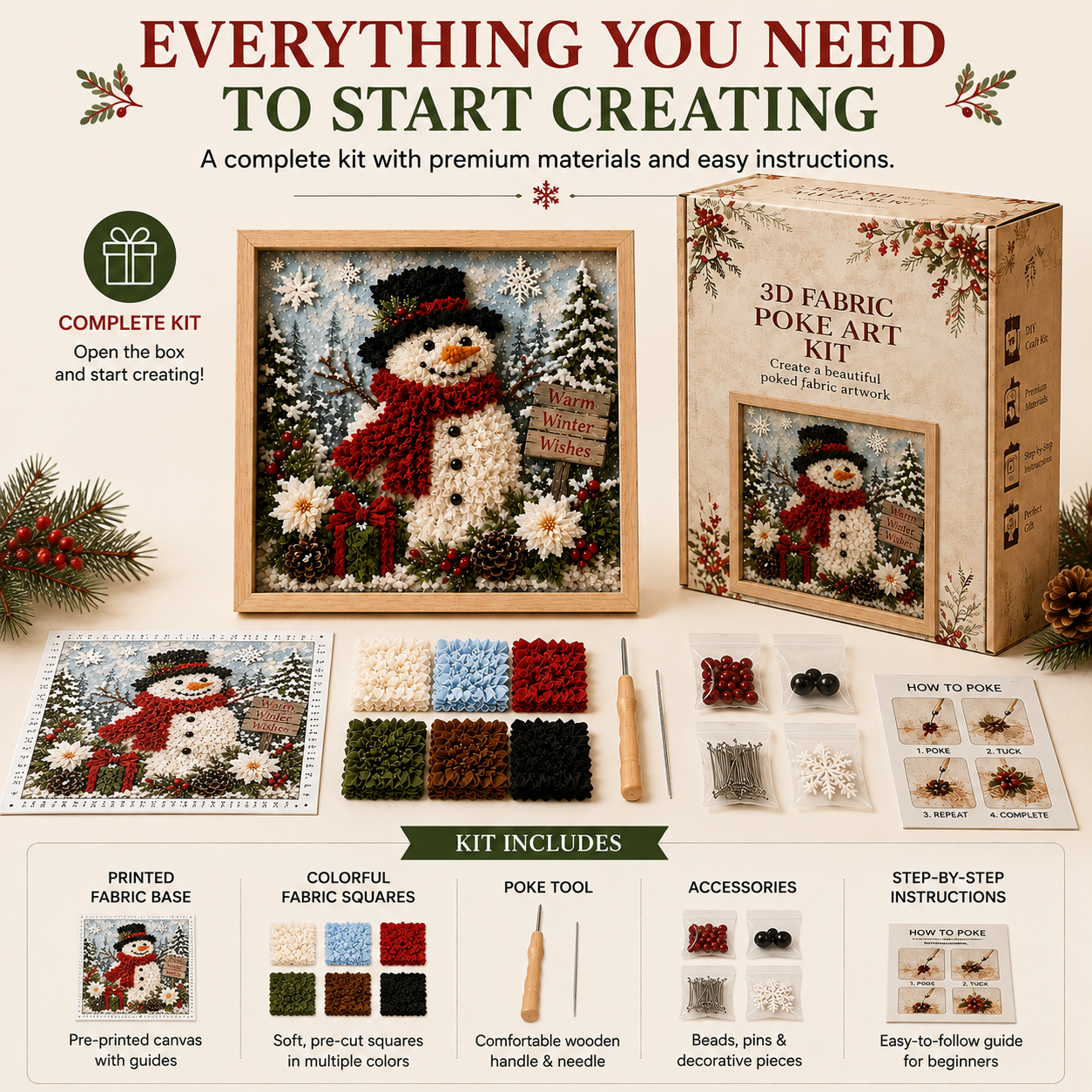 ⛄ DIY Snowman Fabric Poke Art Kit, Handmade 3D Christmas Holiday Decoration Craft Set