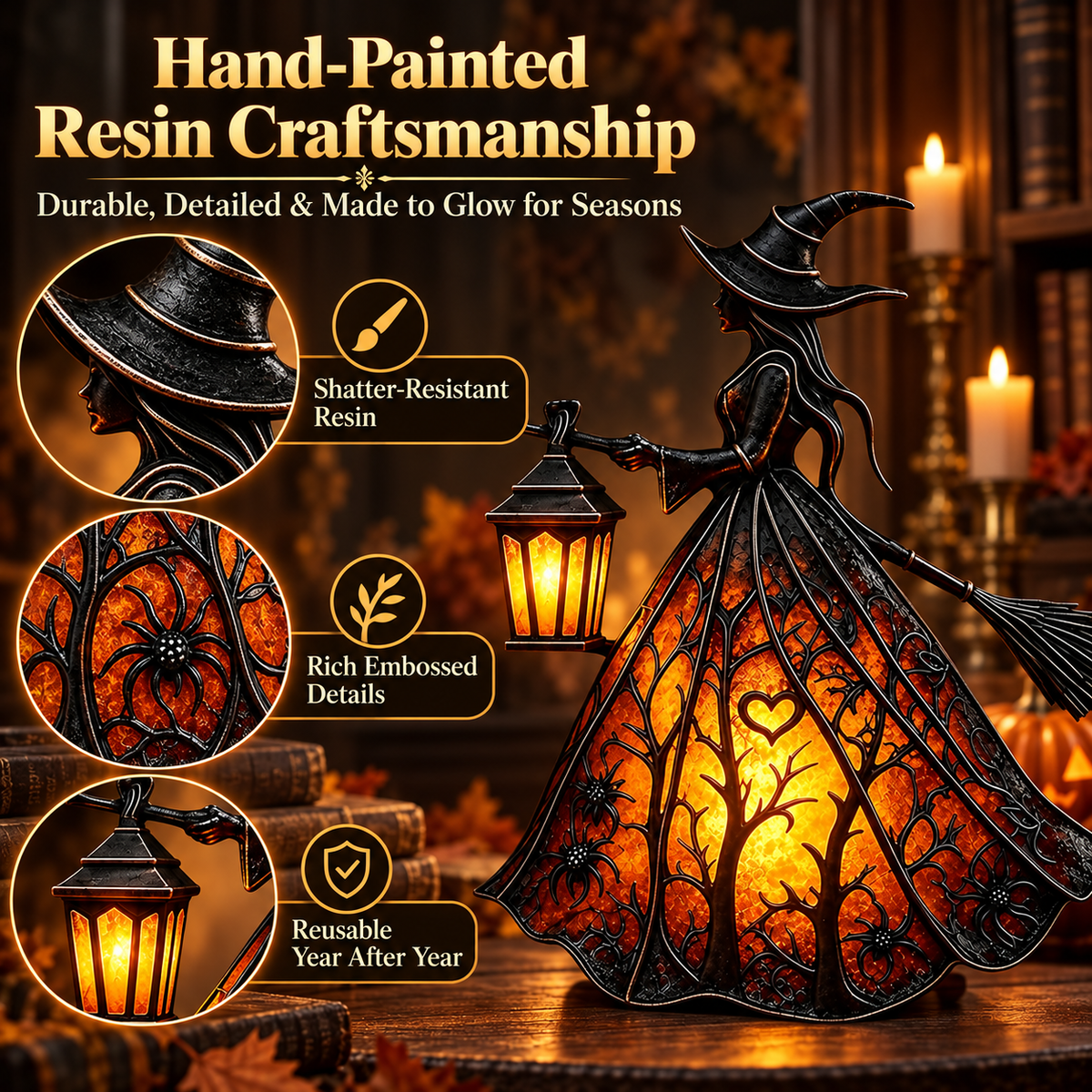 🧙‍♀️ Lighted Gothic Witch Lantern, Warm LED Halloween Table Decor Figurine