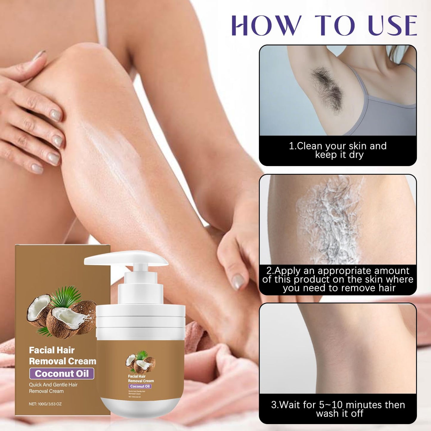 Coconut Oil Facial & Body Hair Removal Cream for Women