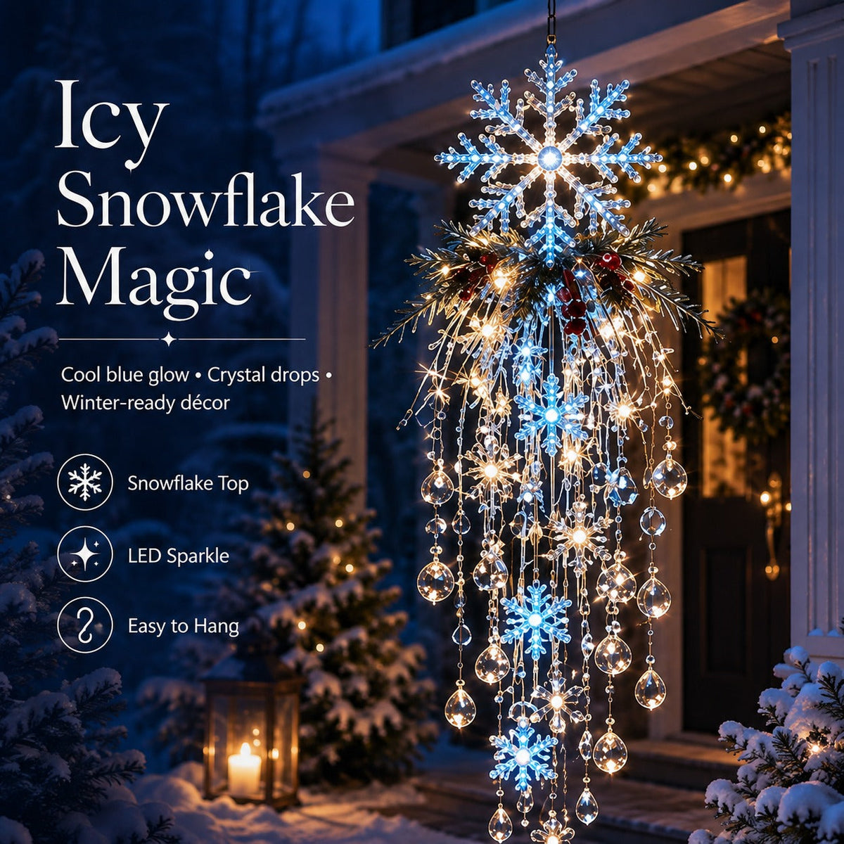 🎅 Christmas Hanging Snowflake & Crystal LED Light, Festive Porch Decoration ✨