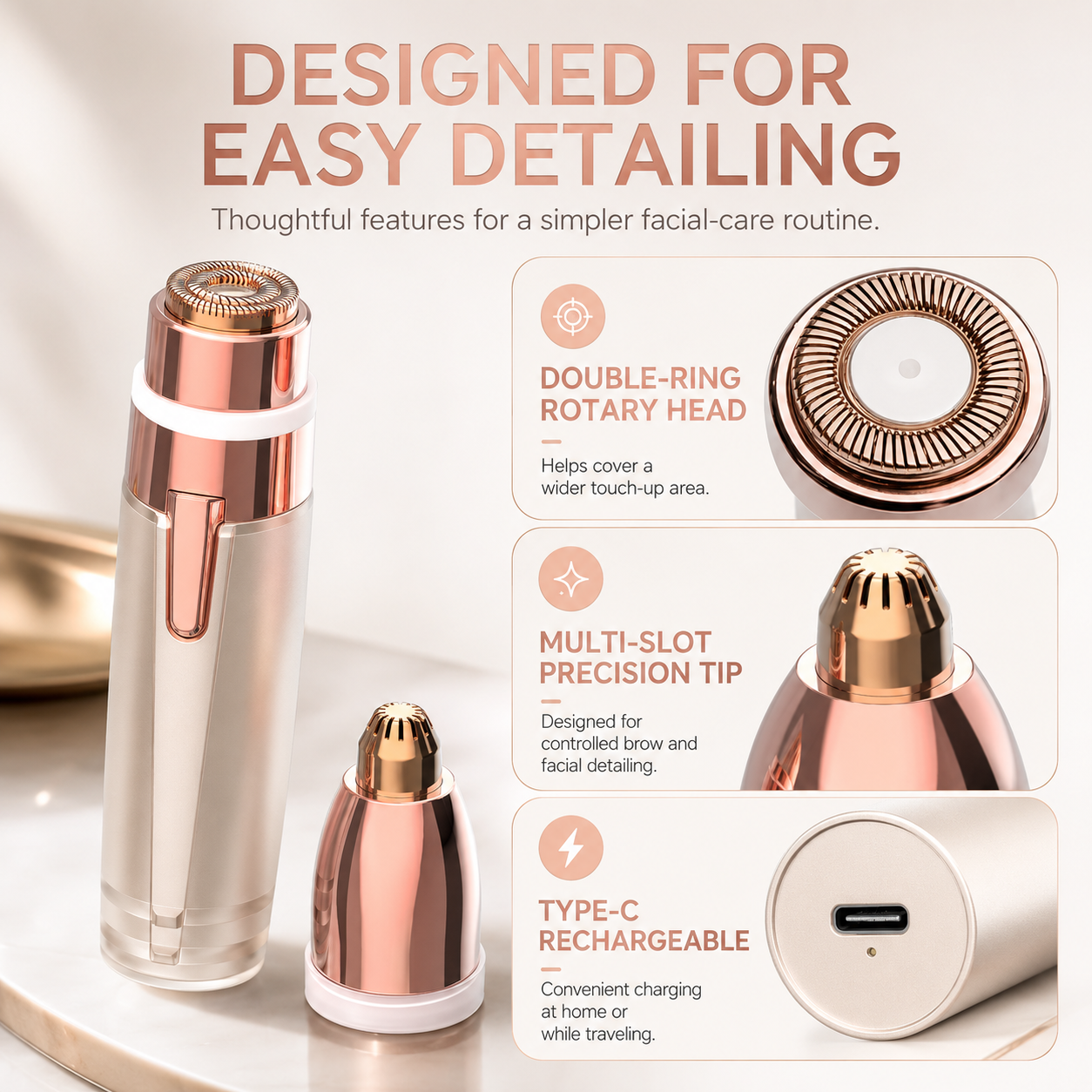 Double-ring rotary head precision tip and Type-C charging features