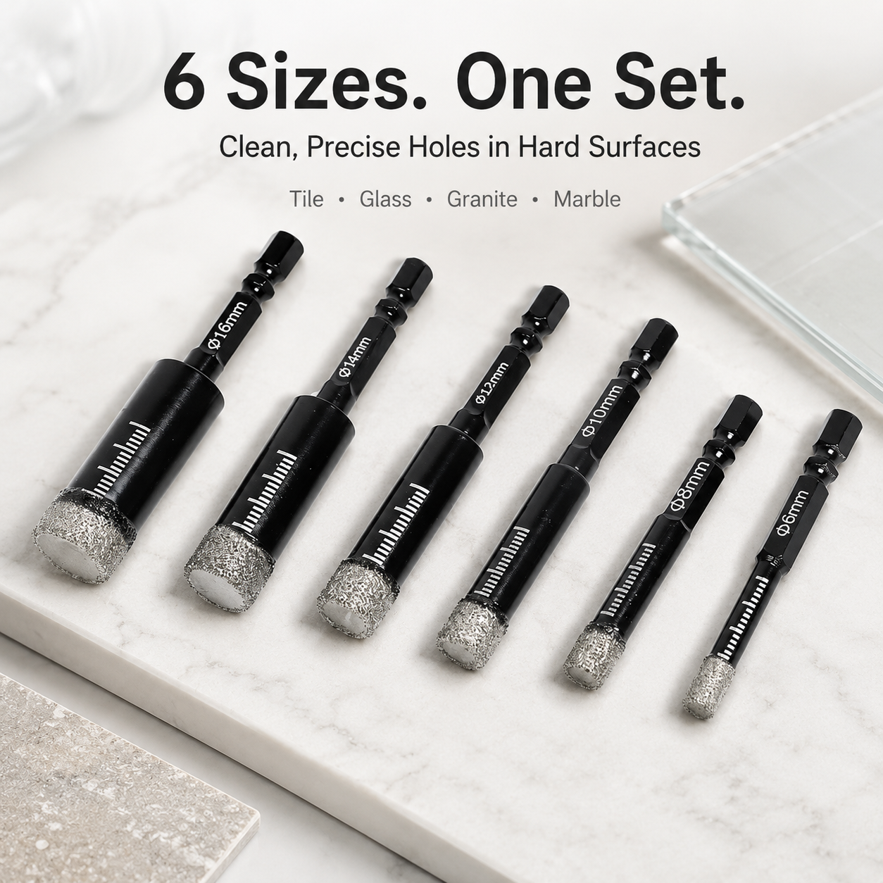 💎 6-Piece Diamond Drill Bit Set – Clean Dry Drilling for Tile, Glass & Stone