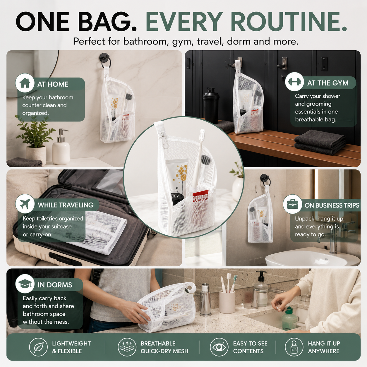 🧼 2‑Pack Quick‑Dry Mesh Hanging Toiletry Bag with Toothbrush Slots