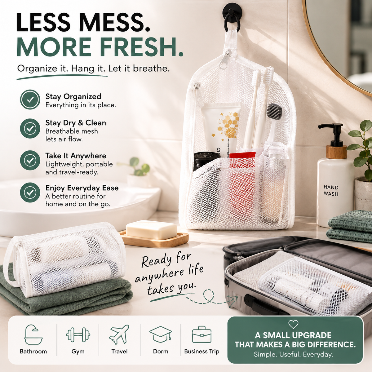🧼 2‑Pack Quick‑Dry Mesh Hanging Toiletry Bag with Toothbrush Slots