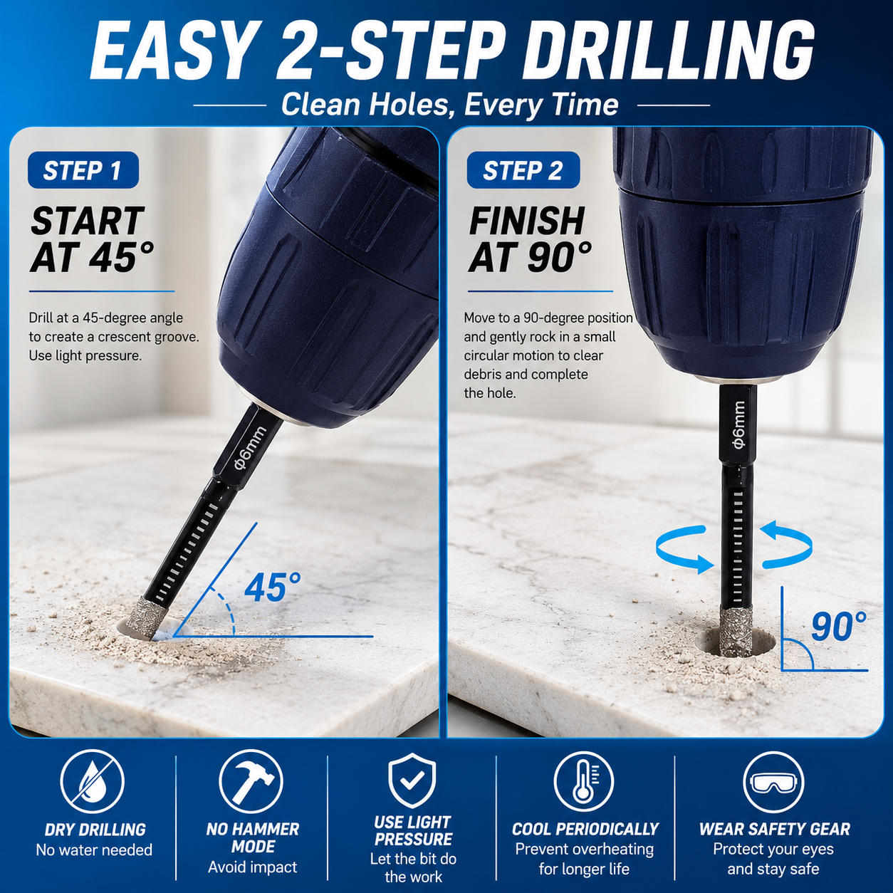 💎 6-Piece Diamond Drill Bit Set – Clean Dry Drilling for Tile, Glass & Stone