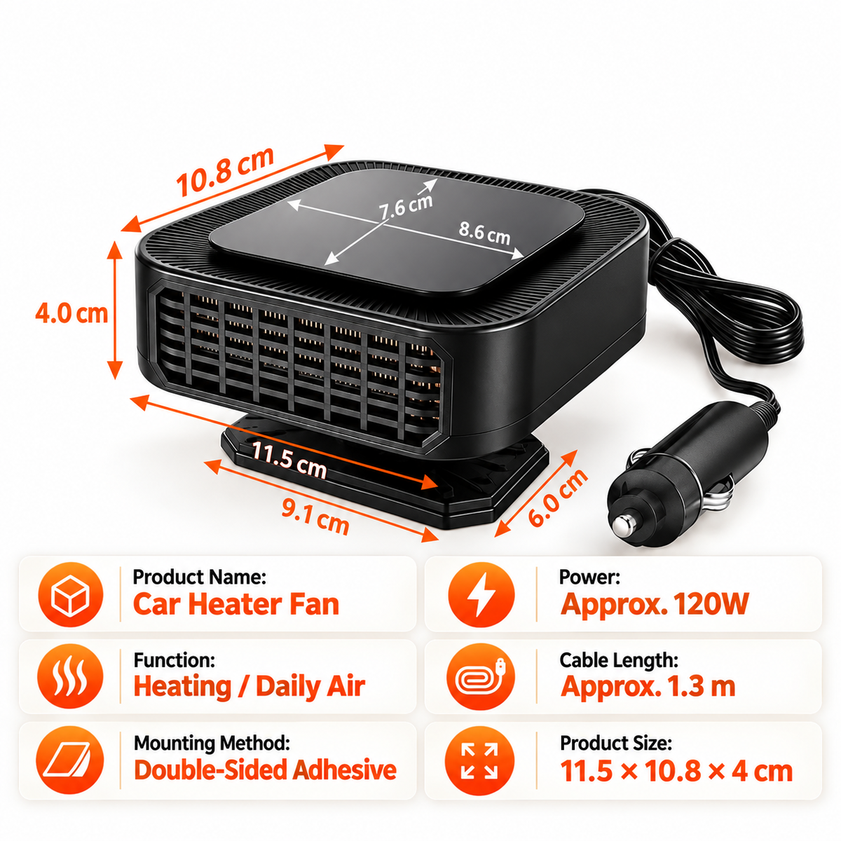 Portable Car Heater Defroster with 360-Degree Rotating Base