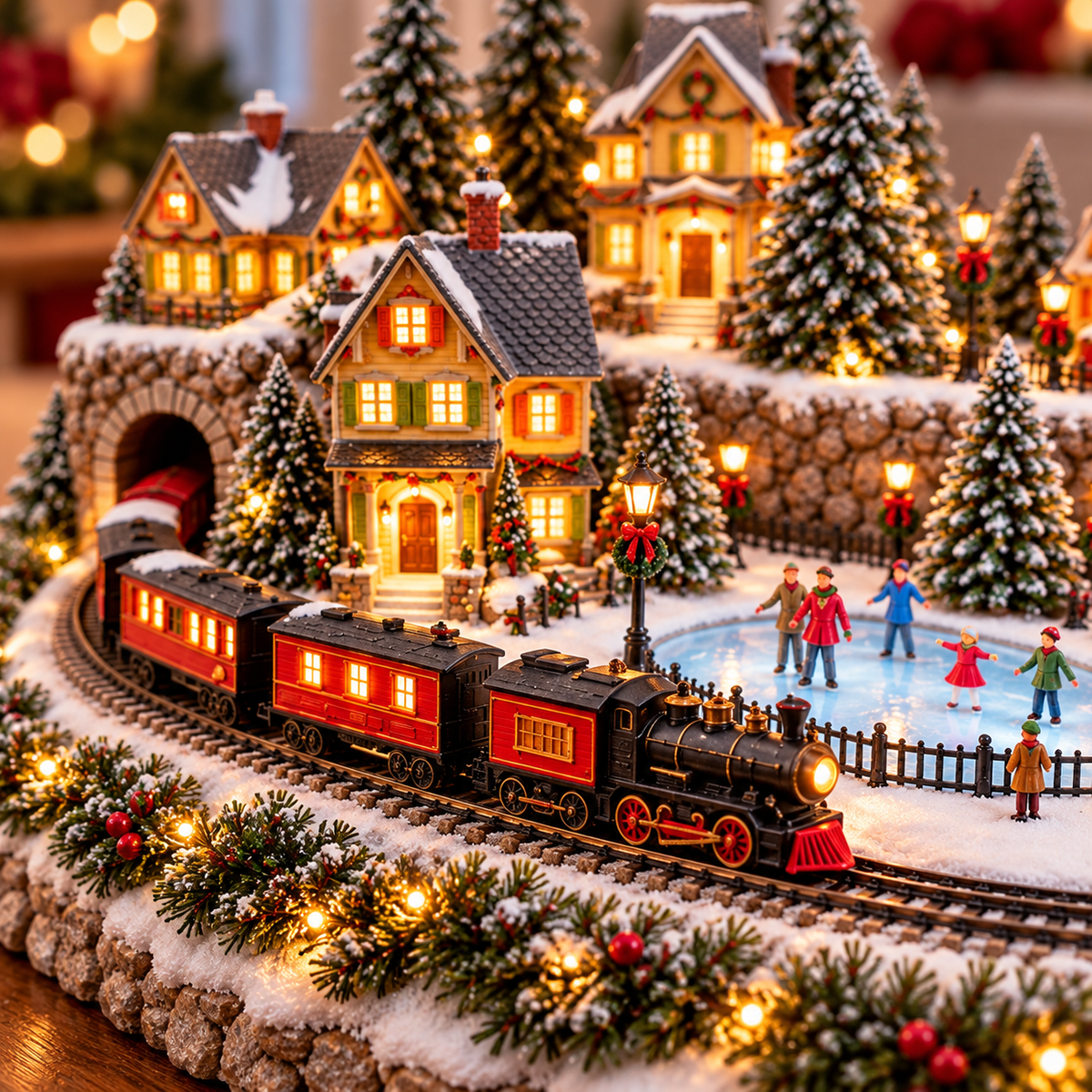 Animated Holiday Train & Ice Rink Scene ✨