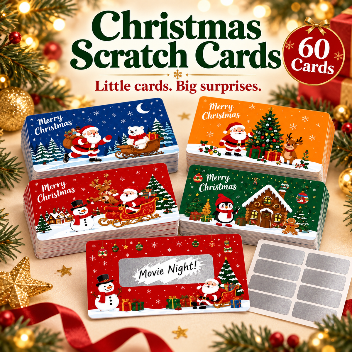 🎄60Pcs Kids Christmas Scratch Off Reward Cards, Xmas Party Supplies