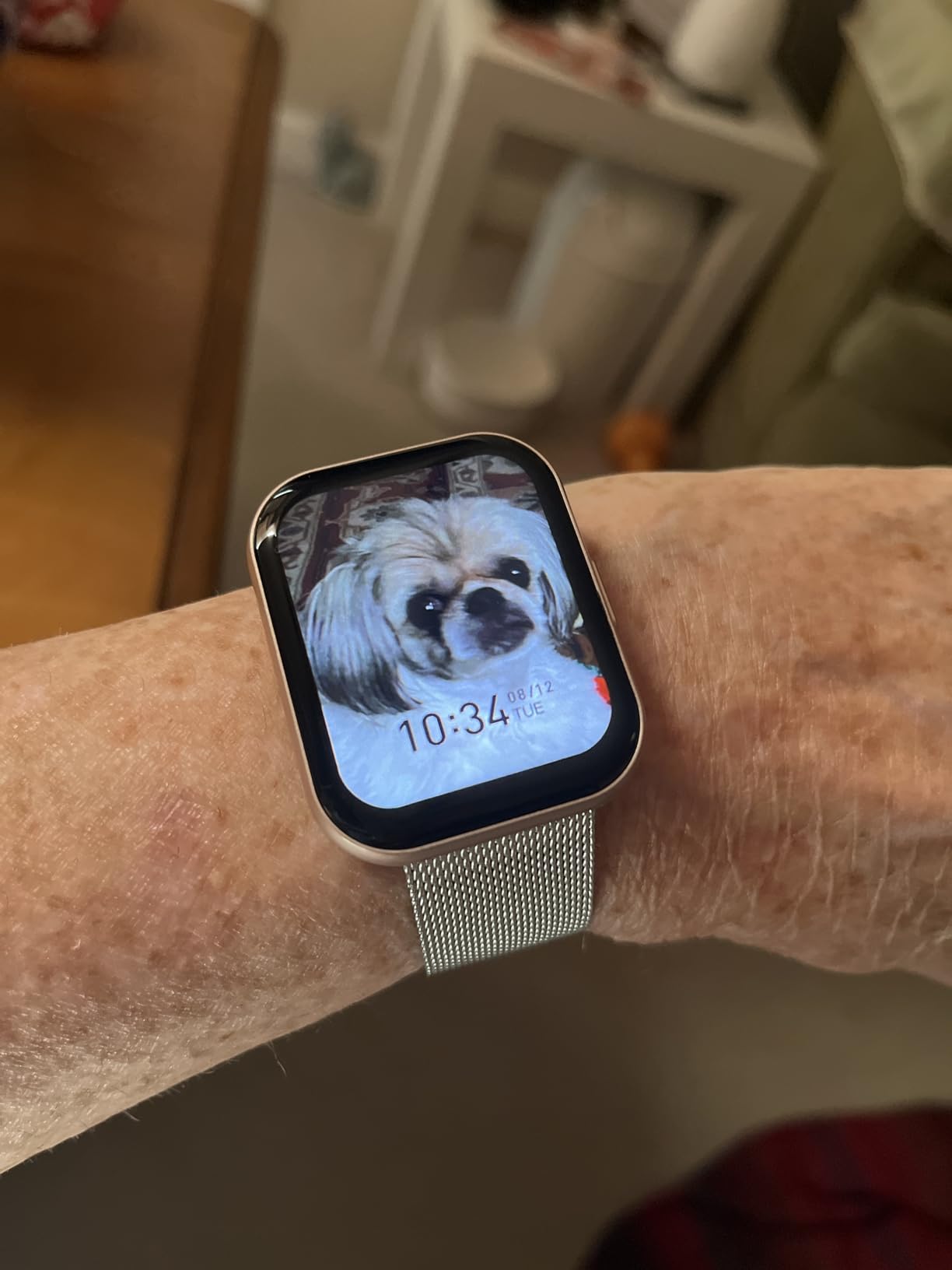 Review photo of a smartwatch on a wrist with a pet-photo watch face
