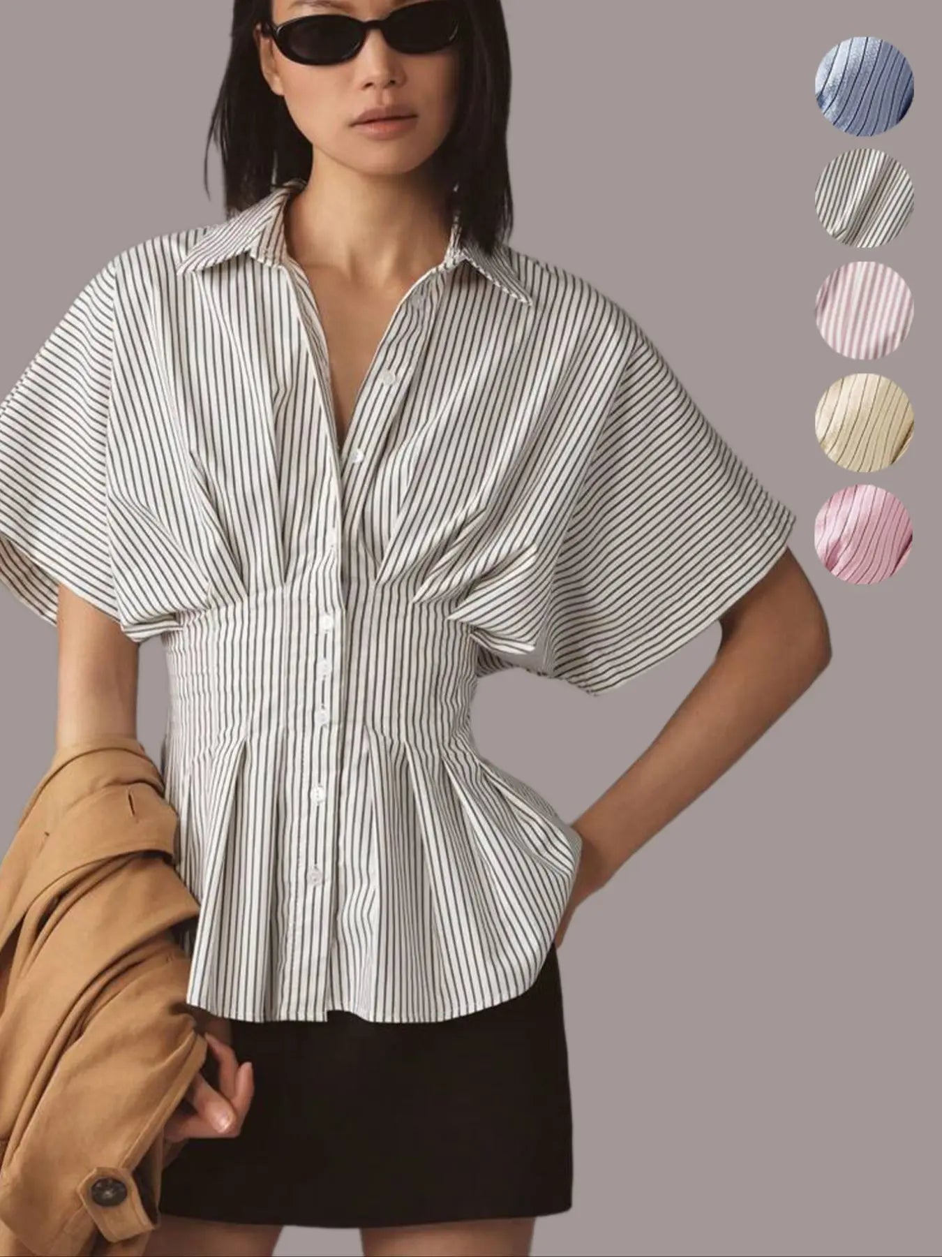 Women's Striped Shirt - Casual Short Sleeve Top
