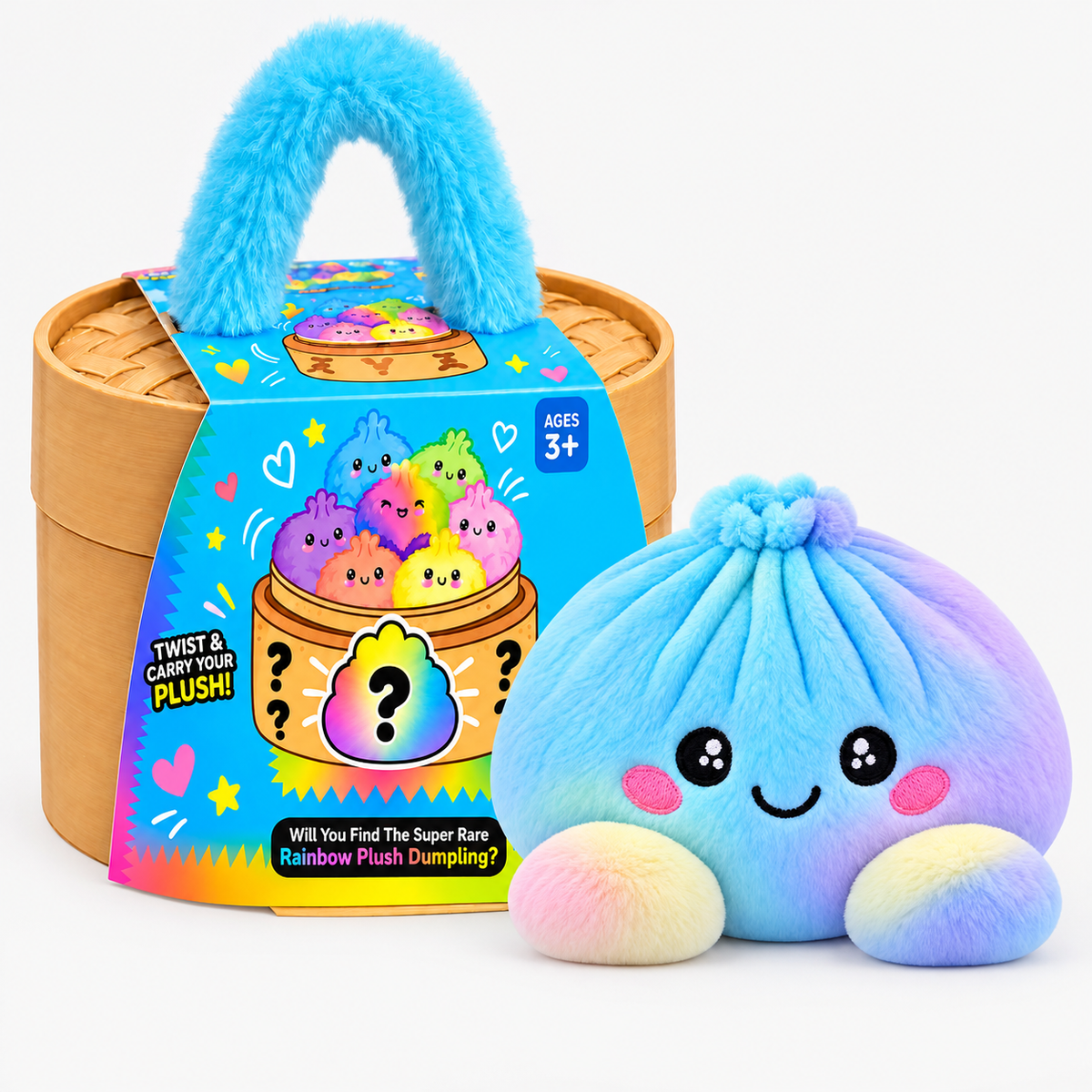✨Rainbow Dumpling Squishy Plush Toy with Imitation Bamboo Steamer, Christmas Decor Gift