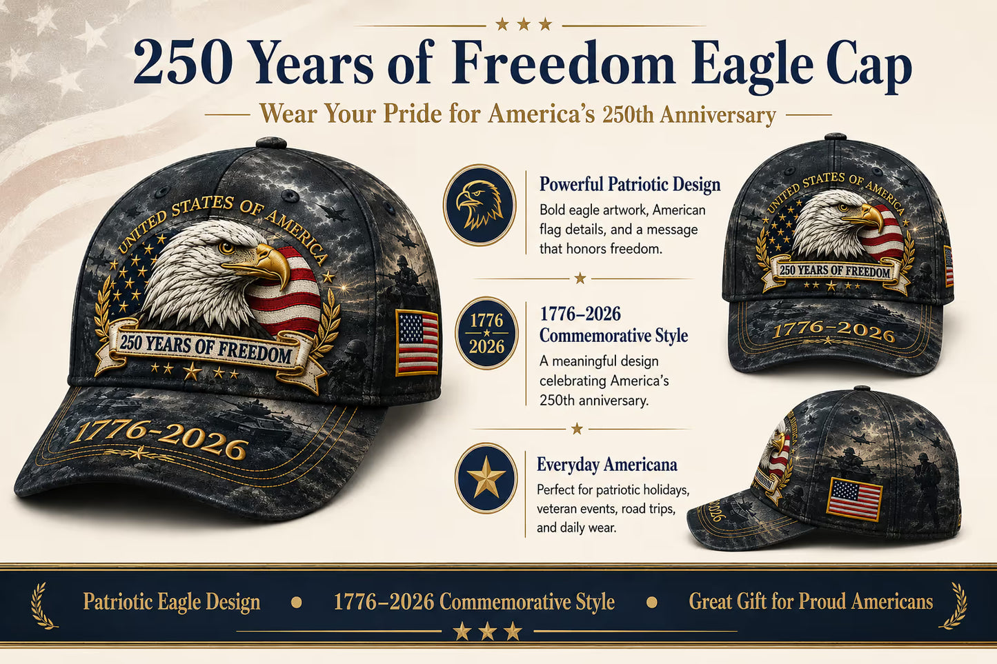 Vintage Eagle Patriotic Baseball Hat 250 Years American Freedom 1776-2026
