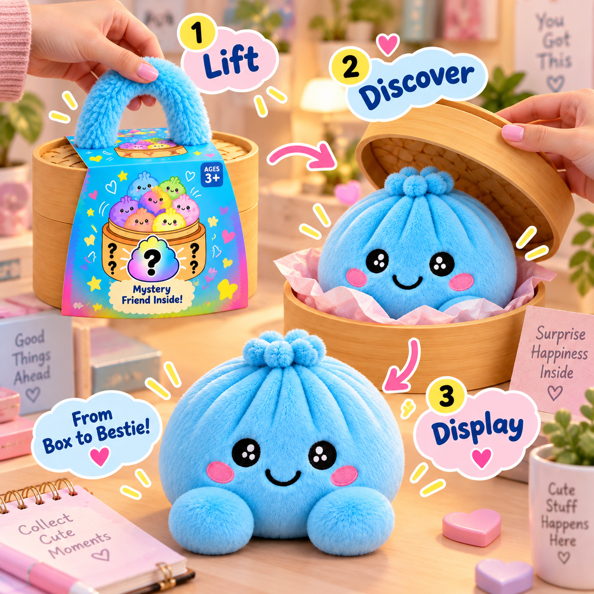 ✨Rainbow Dumpling Squishy Plush Toy with Imitation Bamboo Steamer, Christmas Decor Gift