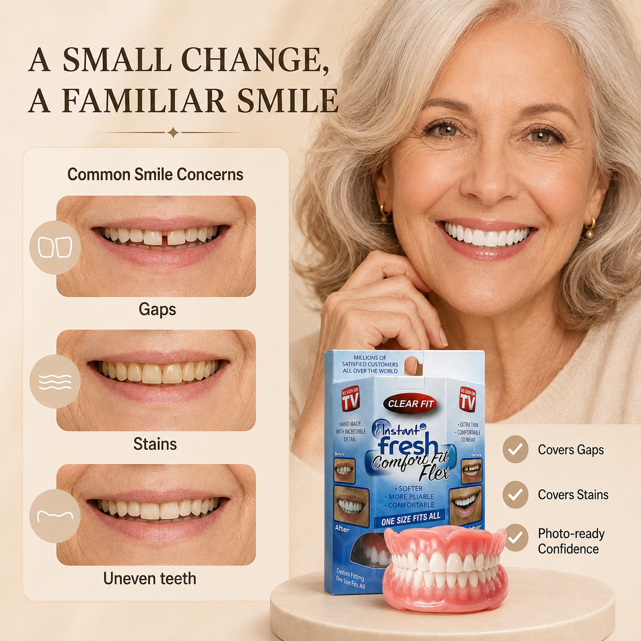 Comfort‑Fit Flexible Cosmetic Teeth for Senior Women