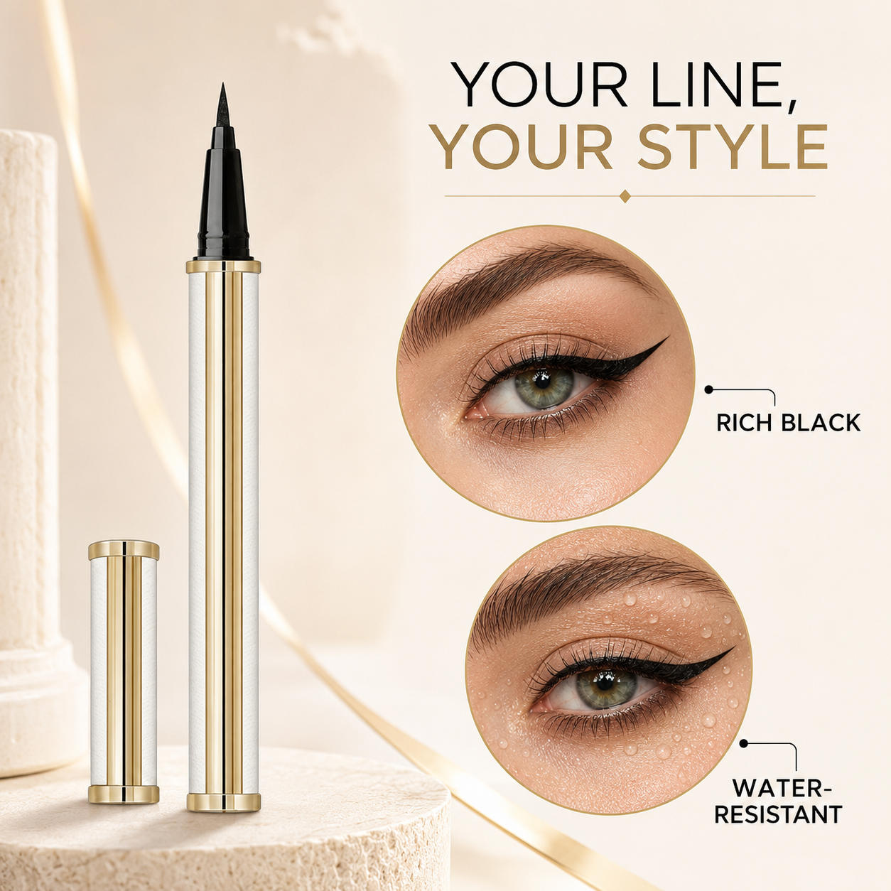 Waterproof precision eyeliner with rich black pigment