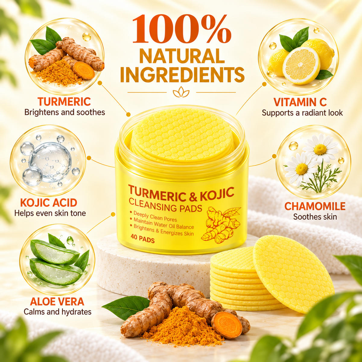 Turmeric Kojic Acid Facial Cleansing Skincare Pads