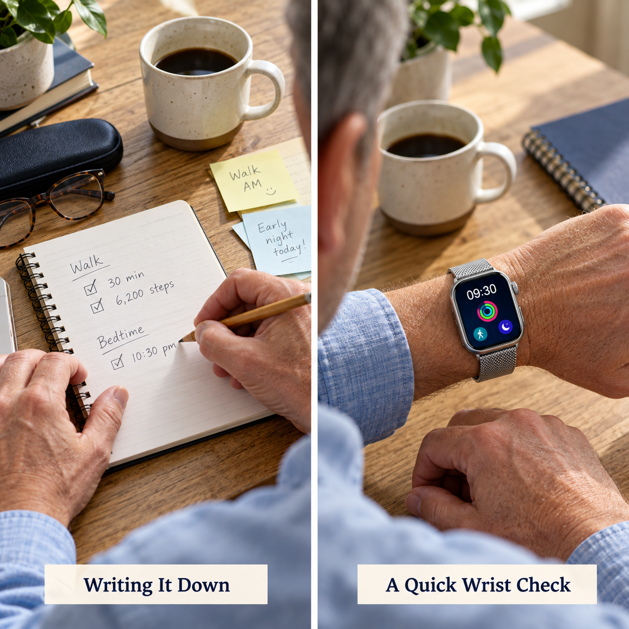 Side-by-side scenes showing handwritten routine notes and a quick glance at a smartwatch