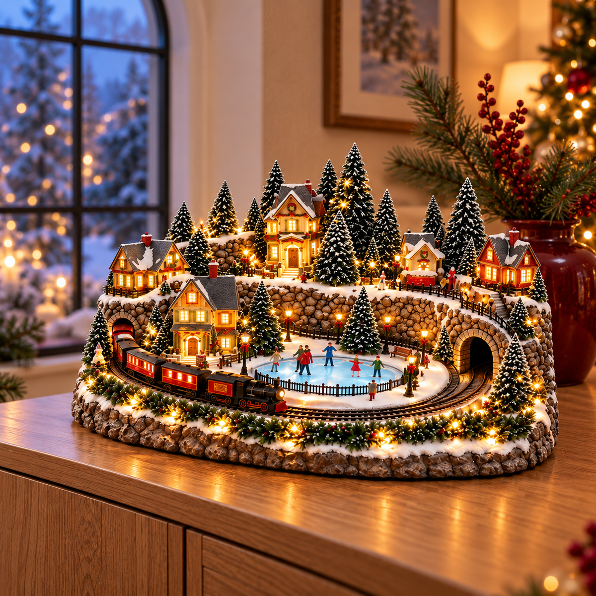 Animated Holiday Train & Ice Rink Scene ✨