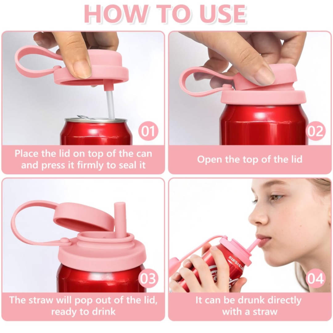 Silicone Can Lid Reusable Leakproof Airtight Cover with Straw and Handle