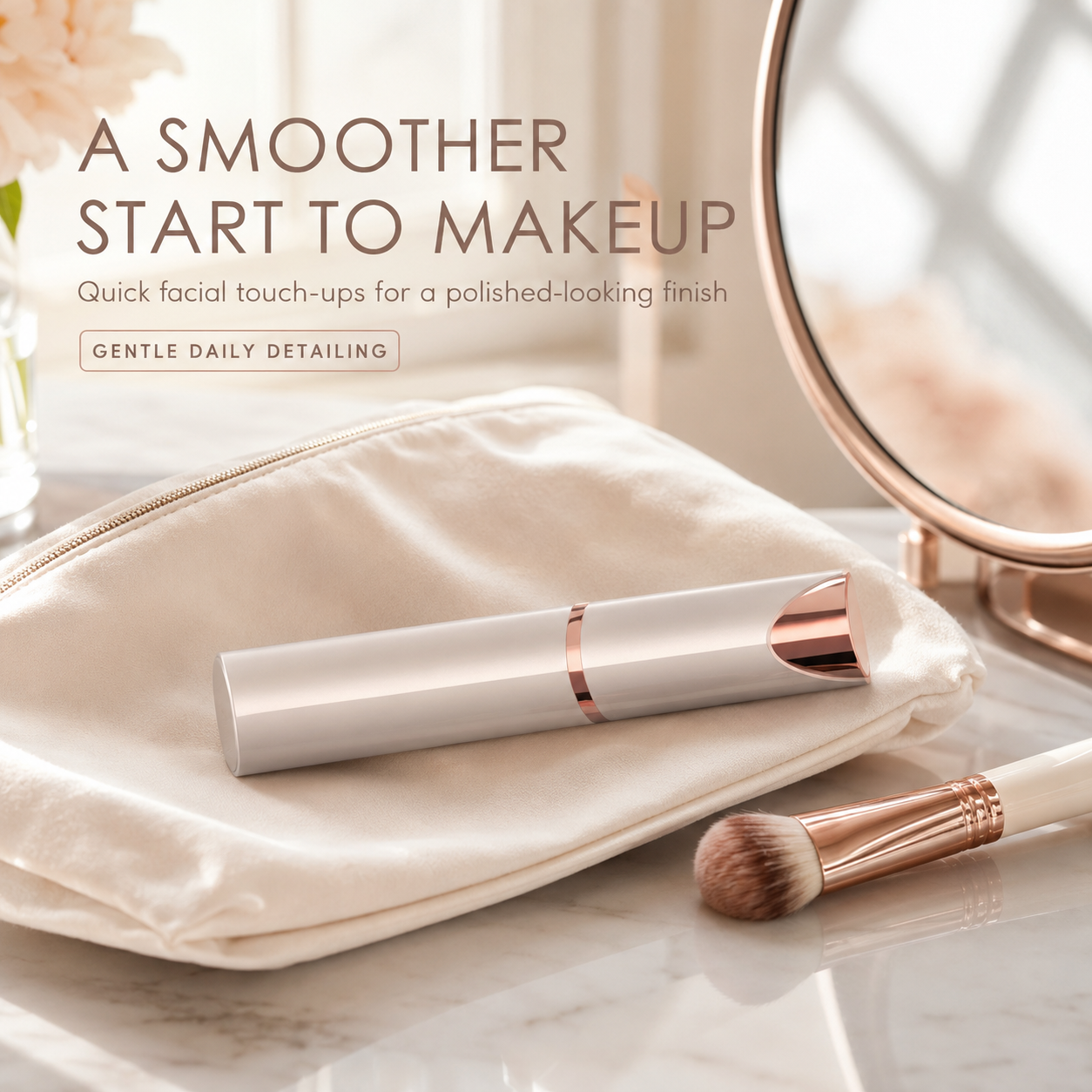 Compact facial hair remover beside a makeup bag and makeup brush