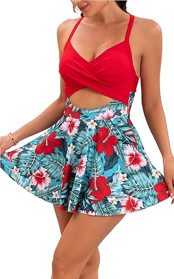 Women’s Tankini Skirt Swimsuit with Chest Pad