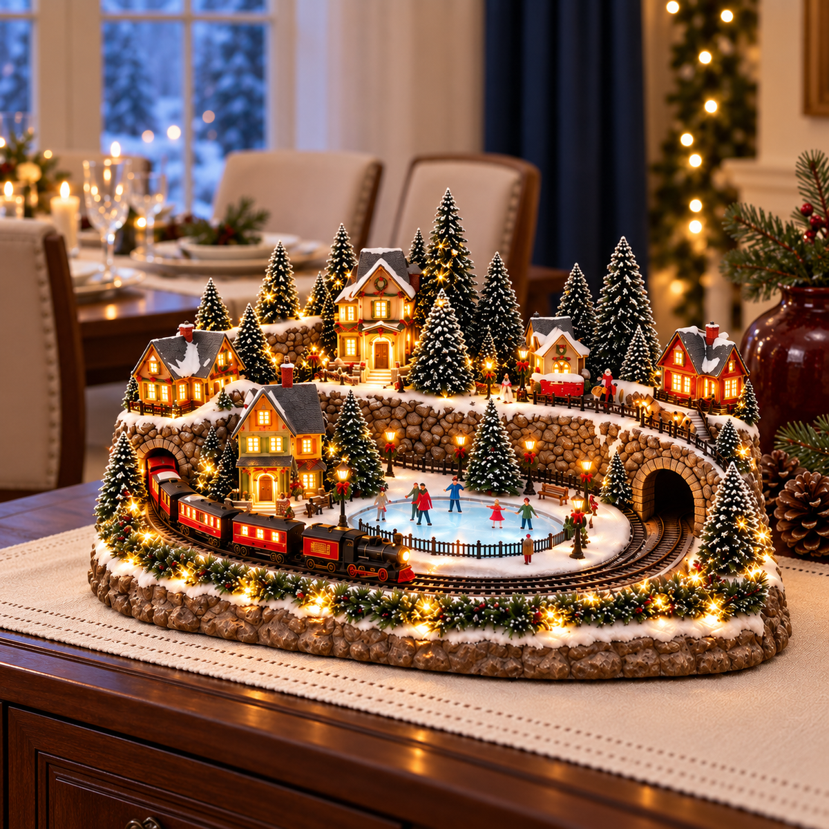 Animated Holiday Train & Ice Rink Scene ✨