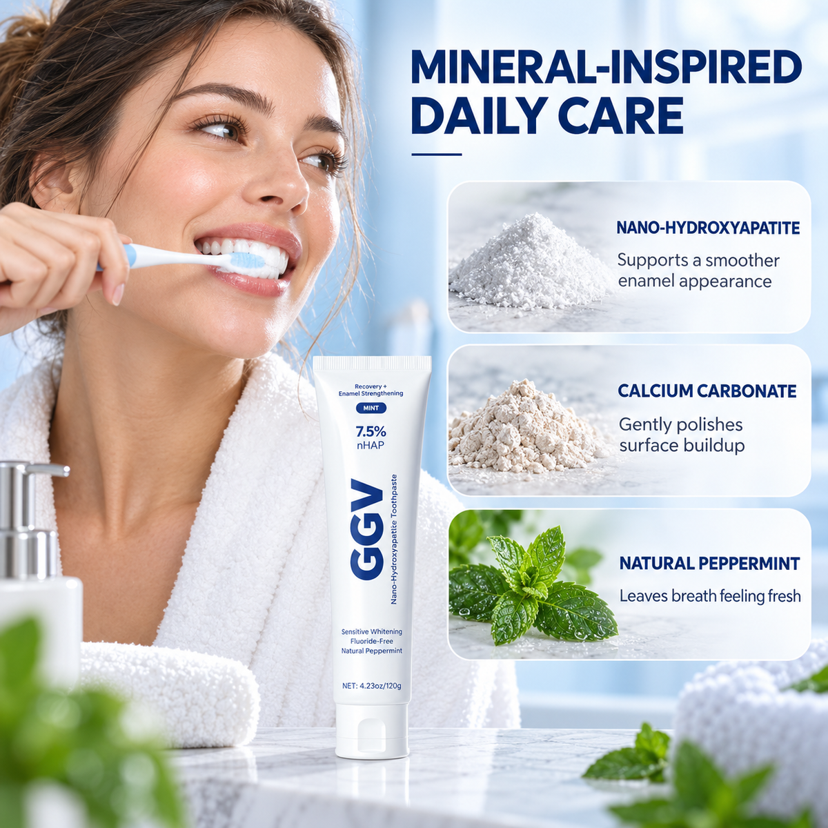 7.5% nHAP Fluoride‑Free Nano‑Hydroxyapatite Toothpaste, Mint