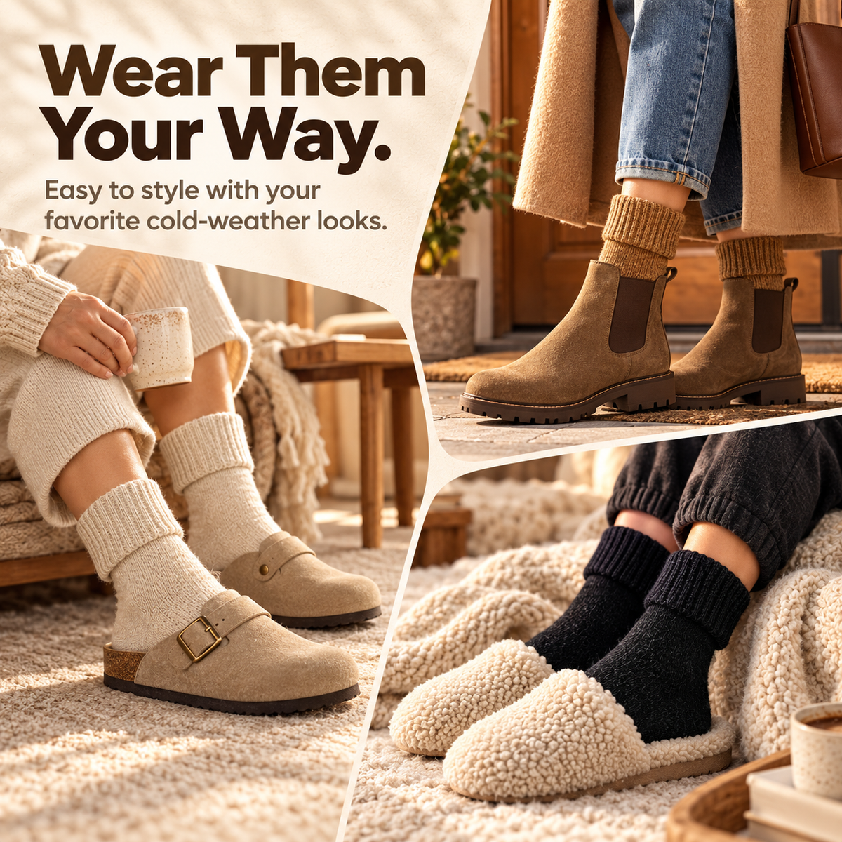 Fleece Lined Ribbed Crew Socks, Cozy Warm
