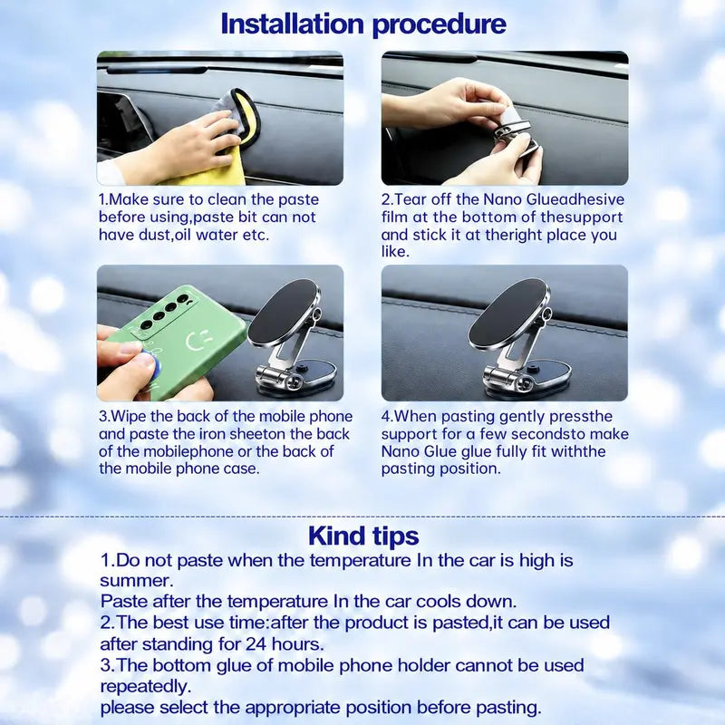 Foldable Magnetic Car Phone Holder, Zinc Alloy 360° Rotating Dashboard Mount