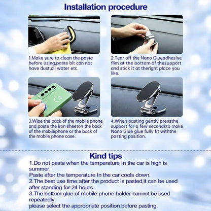 Foldable Magnetic Car Phone Holder, Zinc Alloy 360° Rotating Dashboard Mount