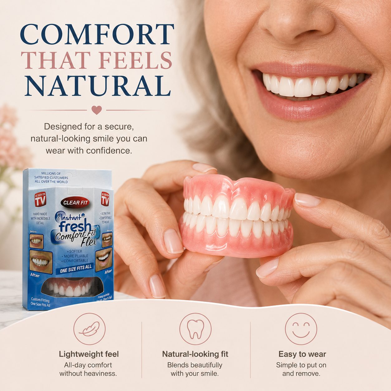 Comfort‑Fit Flexible Cosmetic Teeth for Senior Women