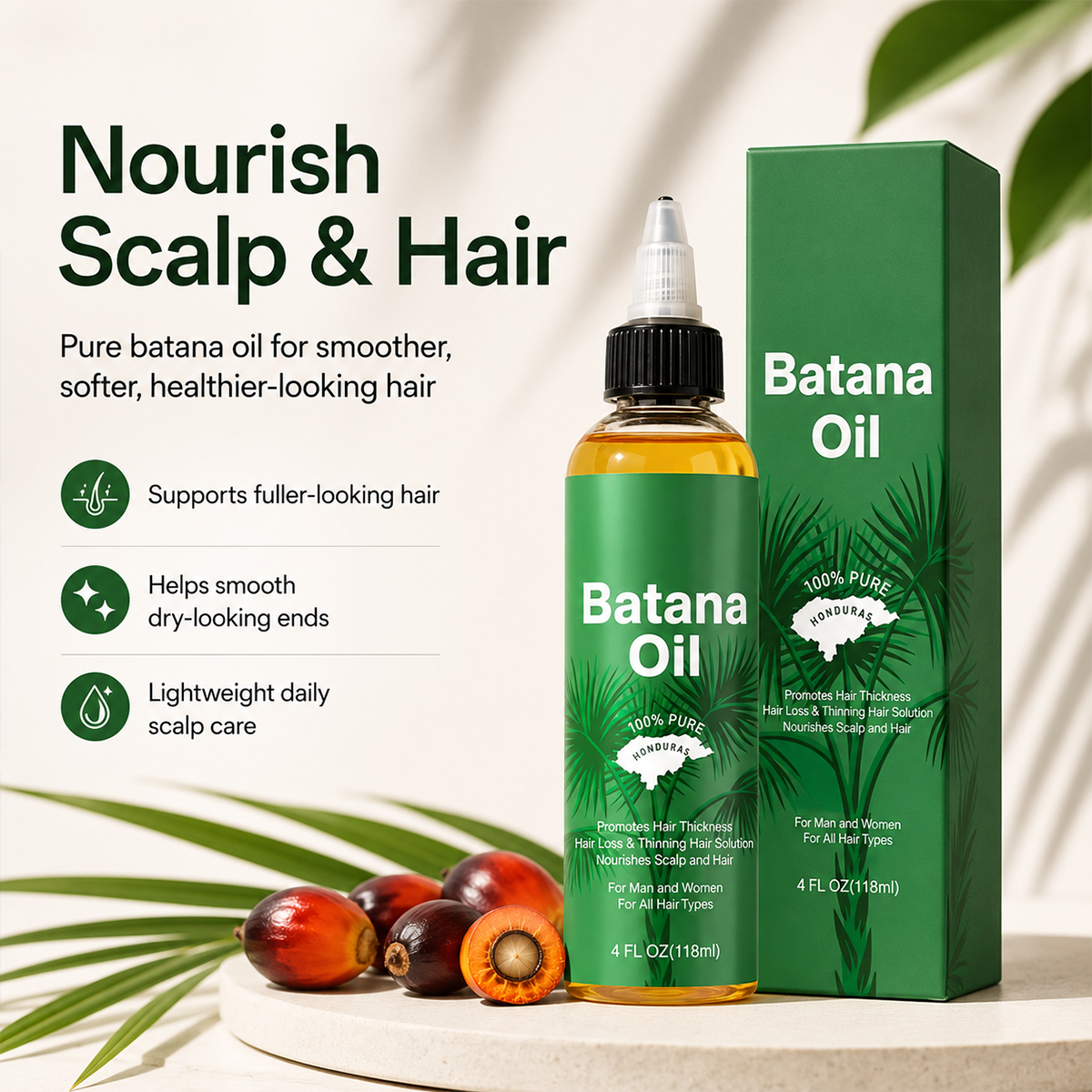 Natural Batana Oil from Honduras, Hair Care Oil for Frizz, Split Ends & Damaged Hair