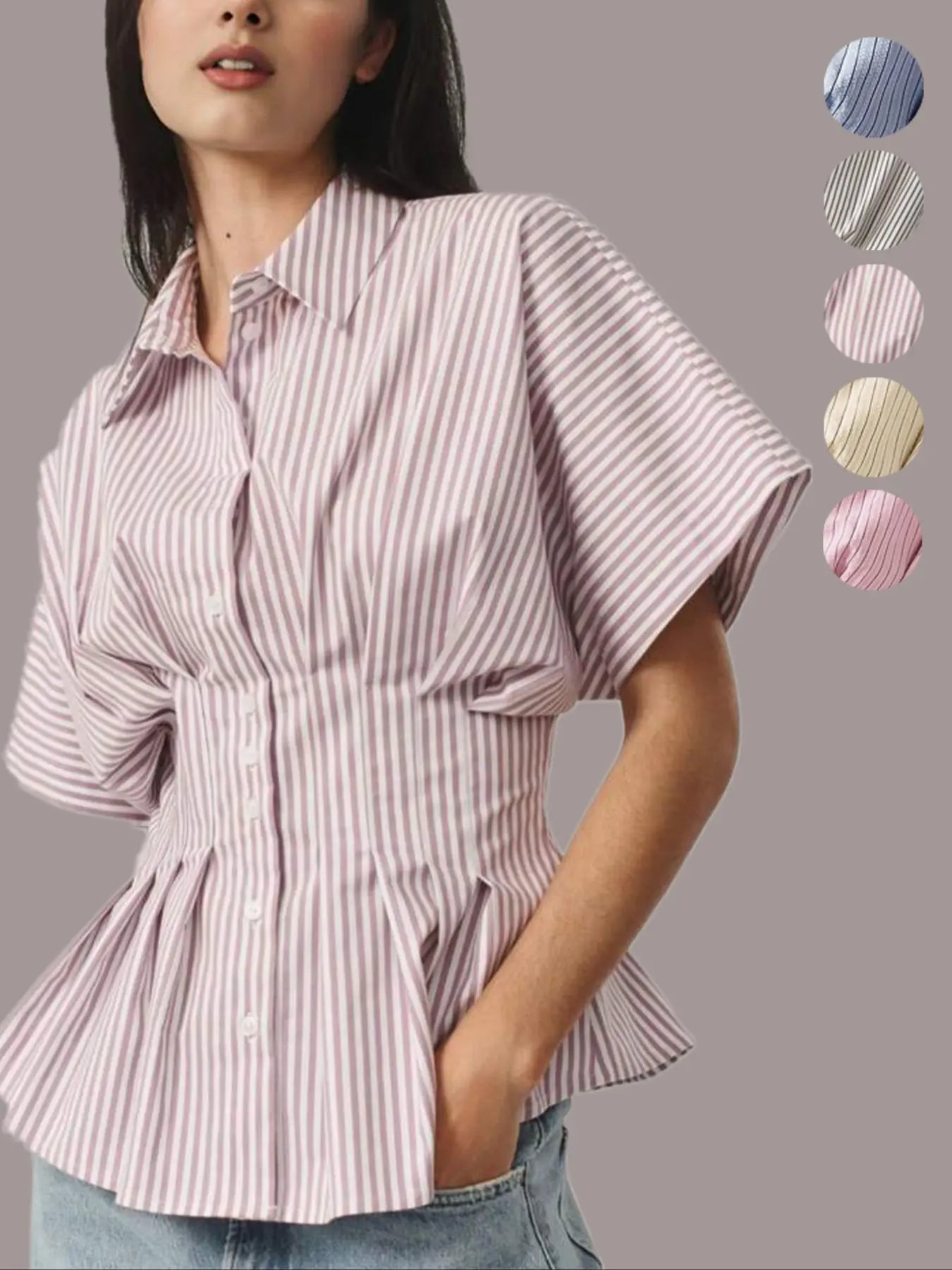 Women's Striped Shirt - Casual Short Sleeve Top
