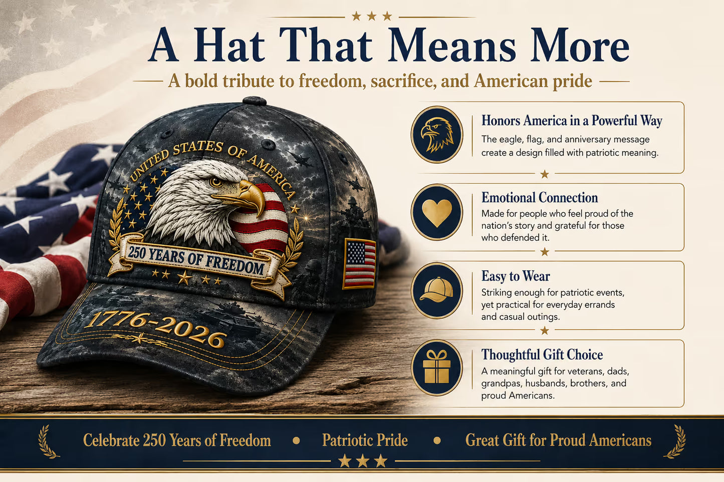 Vintage Eagle Patriotic Baseball Hat 250 Years American Freedom 1776-2026