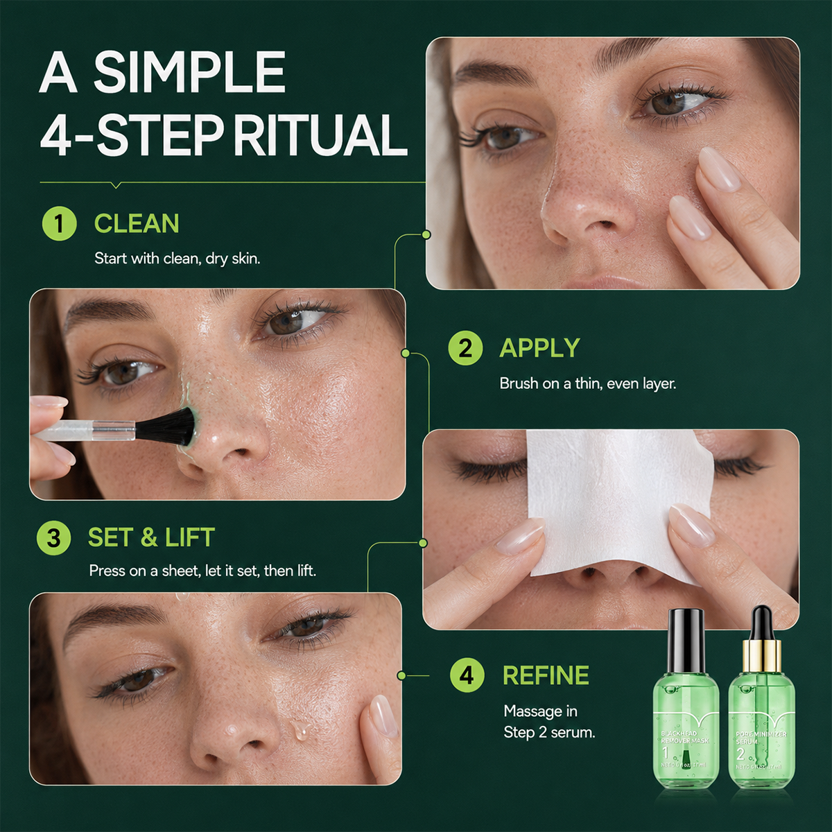🍵Green Tea Blackhead Remover 100‑Sheet Nose Pore Strips & Pore Minimizer Serum