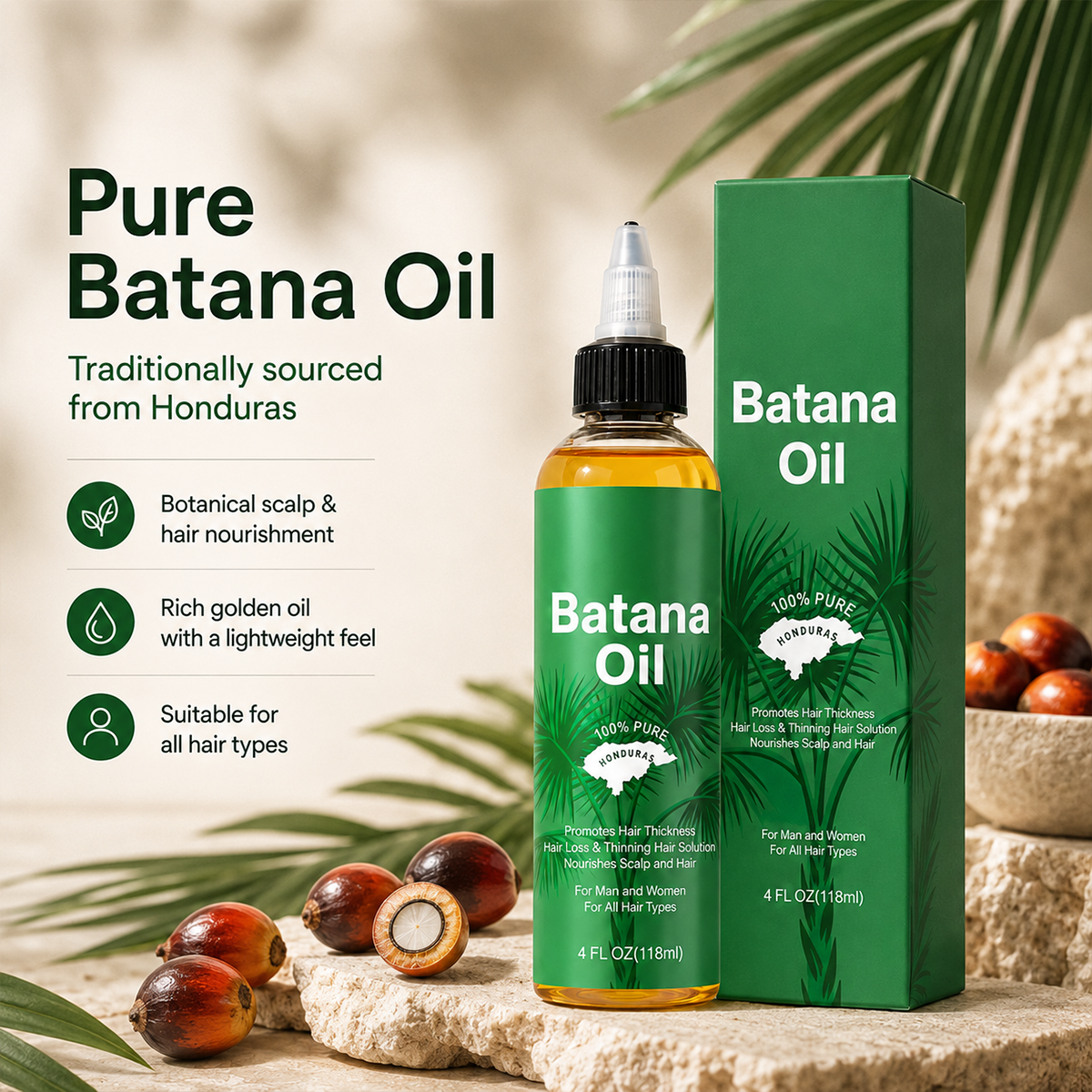 Natural Batana Oil from Honduras, Hair Care Oil for Frizz, Split Ends & Damaged Hair