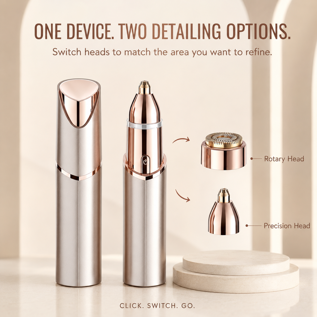 Two interchangeable heads for face and eyebrow trimming