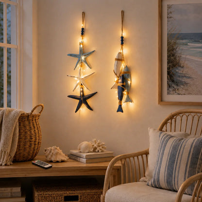 🐟🌊Lighted Coastal Wooden Starfish & Fish Hanging Decor