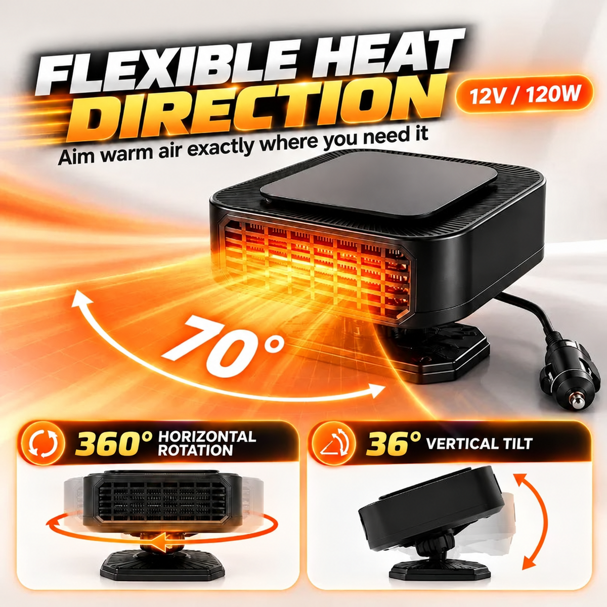 Portable Car Heater Defroster with 360-Degree Rotating Base
