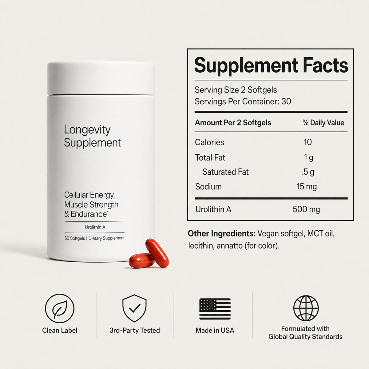 Urolithin A Softgels, Daily Dietary Supplement for Cellular Health, Muscle & Healthy Aging Support