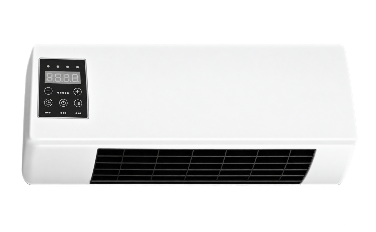 White compact PTC heater and fan appliance with touch control panel