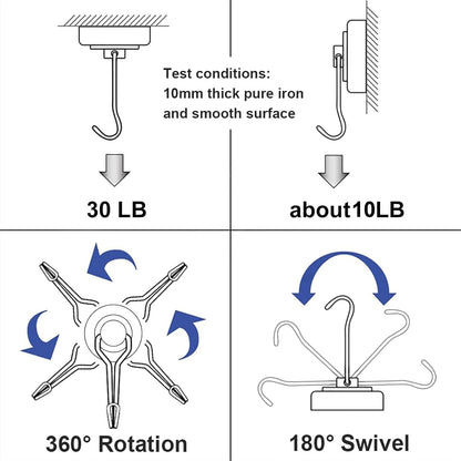 Swivel Neodymium Magnetic Hooks (30 lbs Hold)