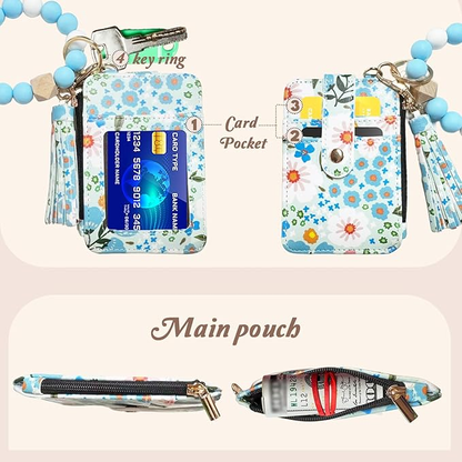 Women's Boho Beaded & Tassel Decorated Keychain with Flower Pattern Wallet