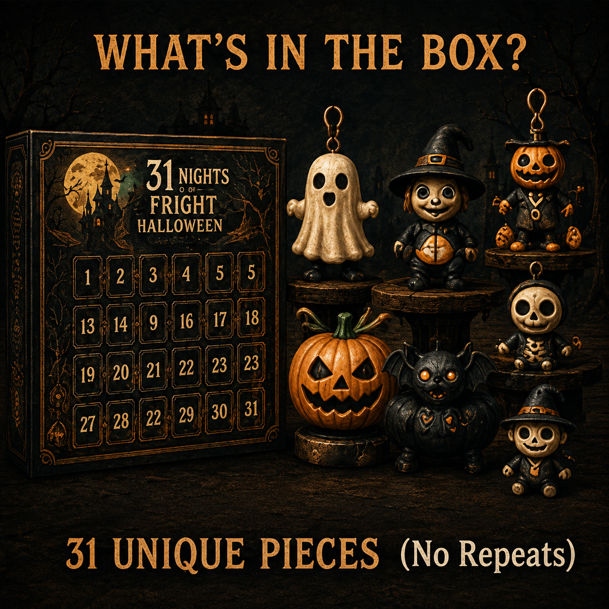 🎉🎃 Nights of Fright Halloween Countdown Box | Unique Mini Figurines, Hanging Charms & Spooky Collectibles 👻✨