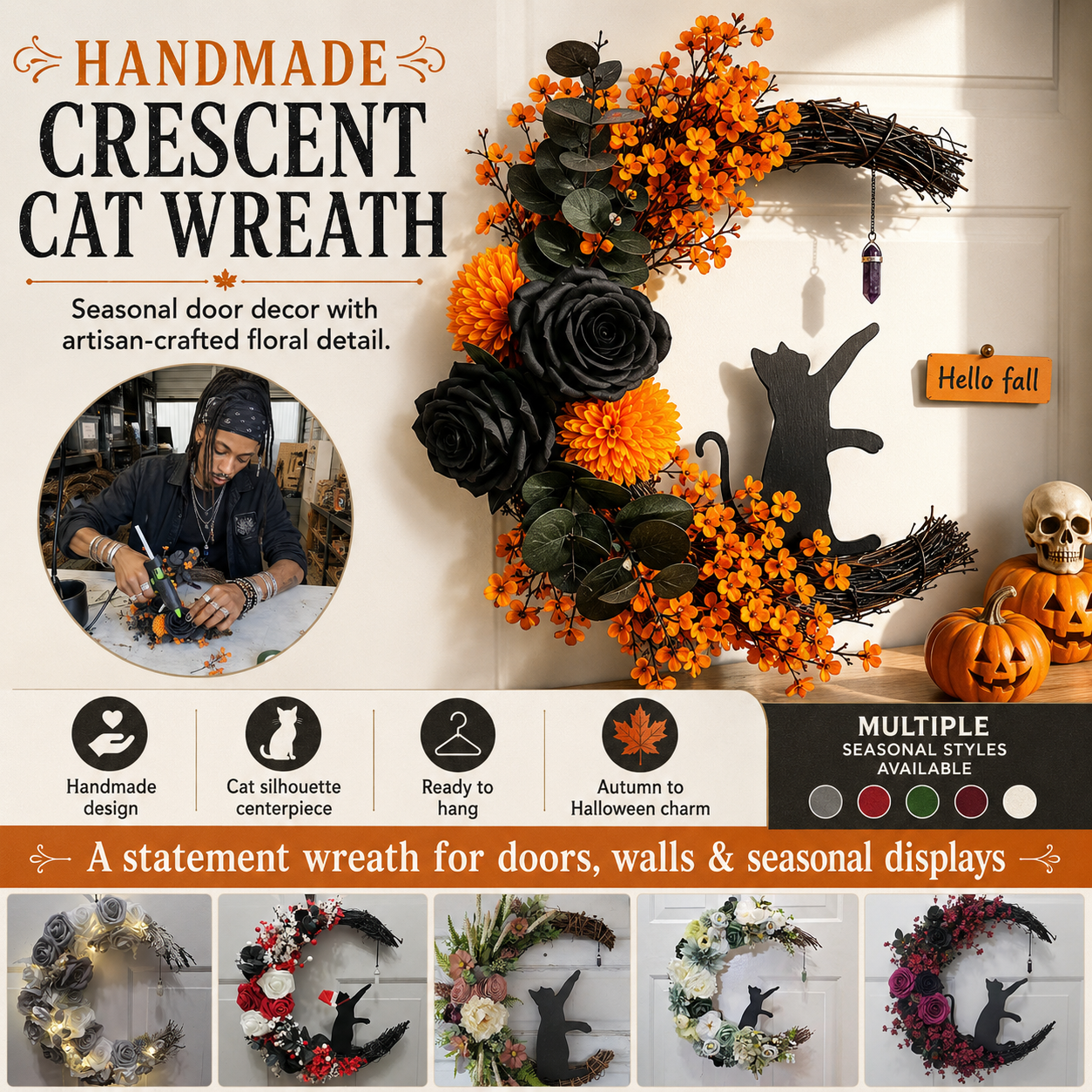 Handmade Halloween Cat Wreath🐈‍⬛🌙