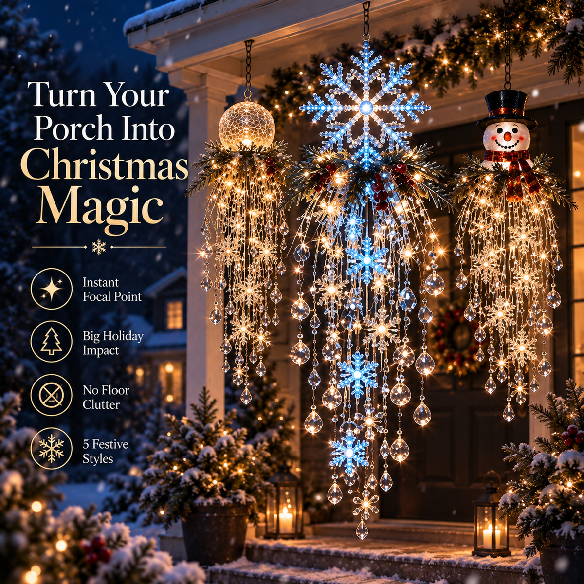 🎅 Christmas Hanging Snowflake & Crystal LED Light, Festive Porch Decoration ✨
